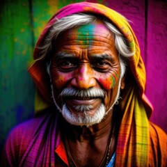 Portrain of smiling indian old man with Holi multicolor powder on face. Holi color festival concept. 