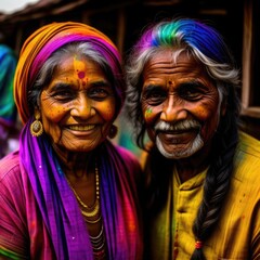 Portrain of smiling indian elderly couple with Holi multicolor powder on faces and hair. Holi color festival concept. 