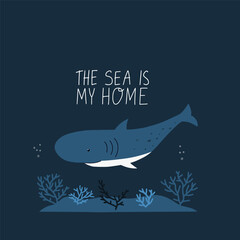 Colorful marine design with sharp. Unique t-shirt, cup or bag design, house poster, greeting card illustration. Vector card series.