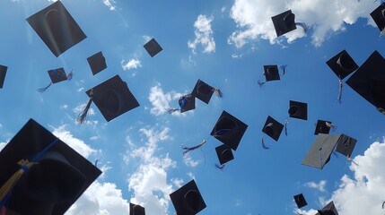 graduates student Graduation caps thrown in the Air Blue sky
