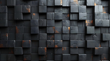 A visually impactful image portraying black cubes with rusty accents, depicting decay amidst order and consistency