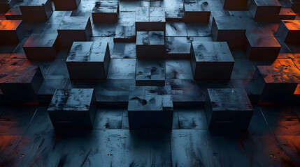 The image features a pattern of 3D cubes with a metallic, wet surface under moody lighting