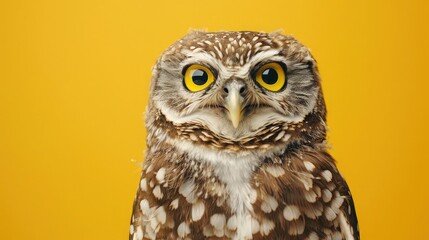 studio headshot portrait owl smiling against a yellow background