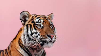 Fototapeta premium studio headshot portrait tiger smiling against a pink background