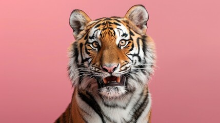 Fototapeta premium studio headshot portrait tiger smiling against a pink background