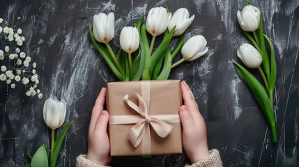 The child's hands hold a beautiful gift box with a ribbon and white tulips. Top view, close-up. Happy mother's day.