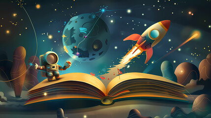 opened book with astronaut cartoon caracter ,flying rocket and space background.creative education concept.