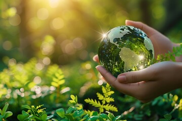 Hands holding a green earth globe against a sunny background , high resolution