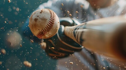 Baseball player hitting ball with bat in close up