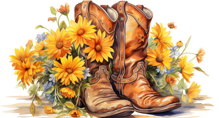  cowboy boots with a yellow and lavender floral bouquet in a side view PNG, in a Country decor-themed, isolated, and transparent watercolor illustration. Generative ai - obrazy, fototapety, plakaty