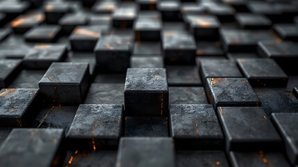 A micro view of a well-defined array of reflective black cubes giving an impression of order and precision