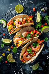 Delicious grilled fresh shrimp tacos with a zest of lime - 764030734