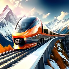 , AI Generated. Red train under snowcapped mountain