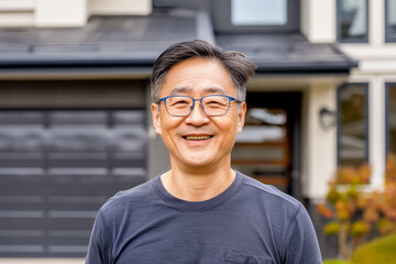 Fototapeta premium Middle aged asian man posing in front of the his house