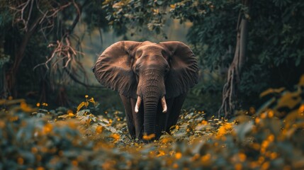 Elephant Walking Through Forest of Yellow Flowers