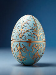 Blue Easter egg with golden floral pattern on blue background