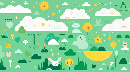 Whimsical Nature Scene with Smiling Elements and Playful Animals