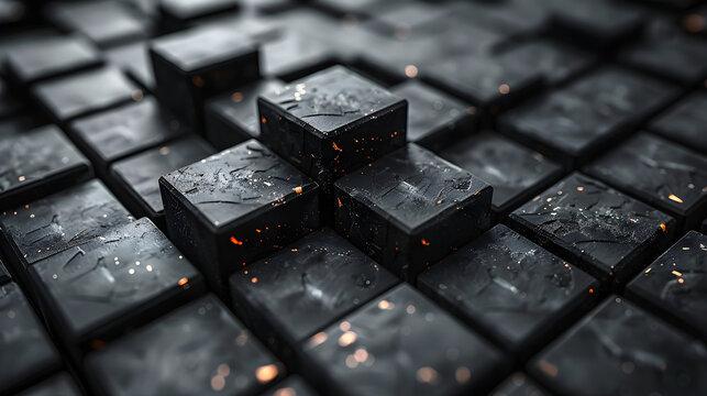 The image displays an array of 3D cubes with a dark moody ambiance and spots of glowing embers, giving a sense of depth and mystery