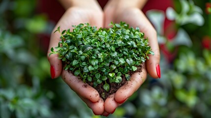 Love for the environment hands gently cradling a heartshaped plant , vibrant