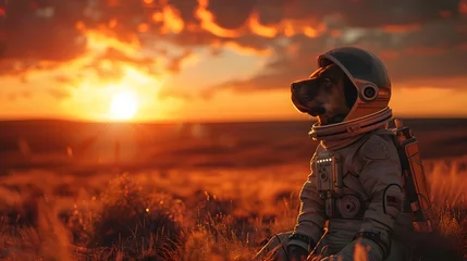 Rolgordijnen Canine Cosmonaut Gazes Upon Martian Sunset in Awe-Inspiring Landscape © Holly