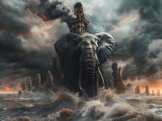 Colossal Elephant Towers Over Crumbling Apocalyptic City in Stormy Dramatic Escape
