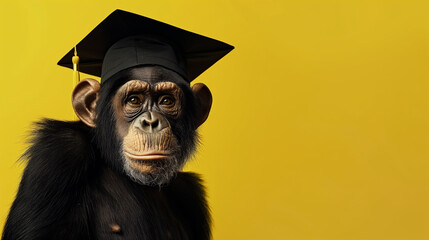 Chimpanzé vestindo beca de formatura e chapéu isolado no fundo amarelo - obrazy, fototapety, plakaty