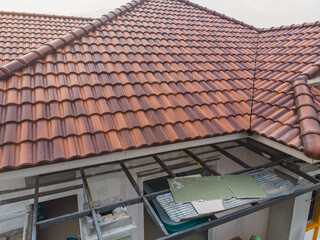Aerial view modern house roof top building brown brick roof