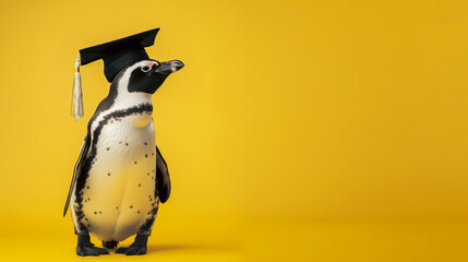 Pinguim vestindo beca de formatura e chapéu isolado no fundo amarelo - obrazy, fototapety, plakaty