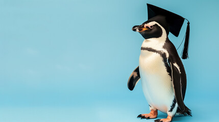 Pinguim vestindo beca de formatura e chapéu isolado no fundo azul