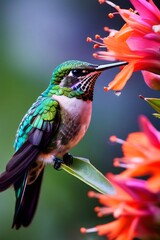 the AI generated illustration of a hummingbird perched on a vibrant flower - obrazy, fototapety, plakaty