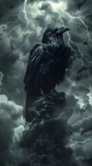 Raven Perched on Jagged Rock in Stormy Skies with Ominous Lightning and Dramatic Atmosphere