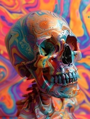 Psychedelic Skull in Vibrant Swirls of Color - A Surreal and Visionary Digital Art Masterpiece