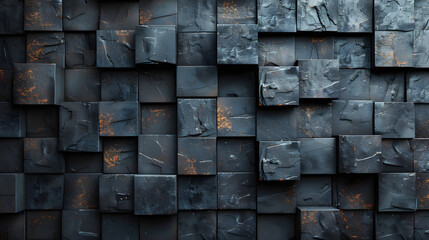 A captivating abstract art installation of dark cubic shapes with traces of golden patina applying added visual interest