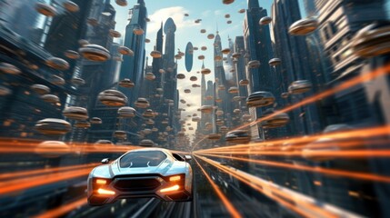 a futuristic cityscape with hovering, electric-powered cars gracefully gliding amidst towering skyscrapers.
