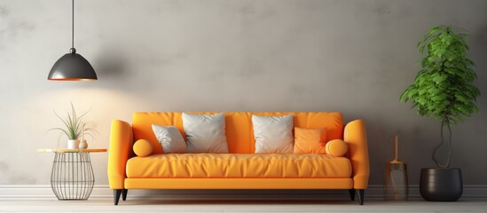 A modern living room setting featuring a vibrant orange sofa and a green plant