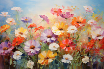 Many beautiful different spring flowers. Oil painting in impressionism style.