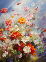 Many beautiful different spring flowers. Oil painting in impressionism style.