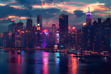 Twilight Vista over Dazzling Neon Cityscape: Urban Beauty meets Natural Splendor