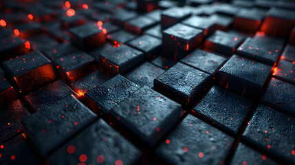 This image captures the glossy texture of wet black tiles under the radiance of scattered red lights - obrazy, fototapety, plakaty