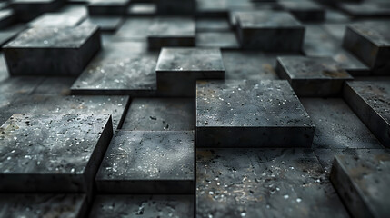 An artistic composition with structured square blocks at various depths, creating a sense of movement and dimension