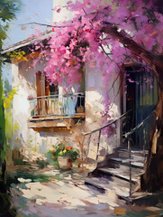 Ancient Italian villa in spring. Oil painting in impressionism style.