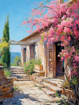 Ancient Italian villa in spring. Oil painting in impressionism style.