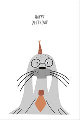 Fototapeta premium Birthday card. Awesome cute walrus in birthday party hat, children's birthday party. Vector card with nice animal.