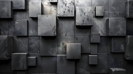 An array of black cubes with varying elevation, showing the interplay of light and shadow in a captivating pattern