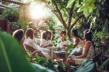 Group of women in white outfits conversing in a lush garden