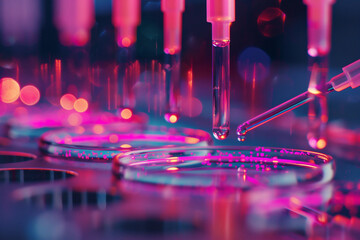 Colorful laboratory setup with pipettes and petri dishes 