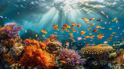 Fototapeta na wymiar Group of Fish Swimming Above Colorful Coral Reef