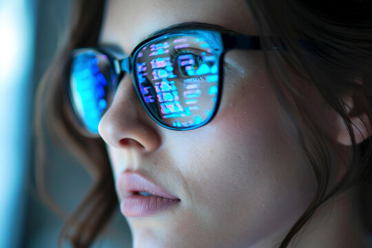 Woman with reflective computer code on glasses