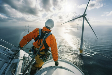 Technician inspecting offshore wind turbines
