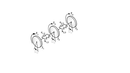 A line drawing showing a dynamical torsional system with 3 masses and symbols for damping and stiffness